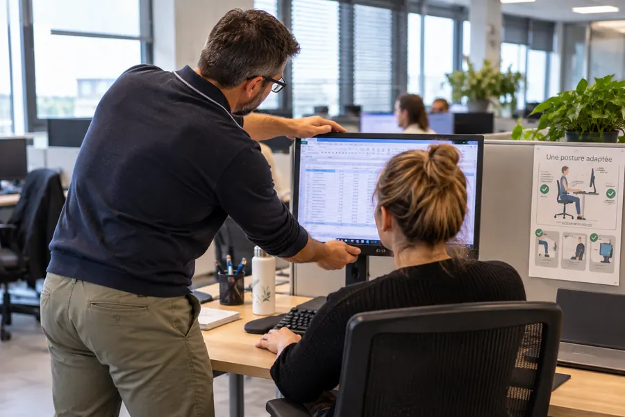 Conseil ergonomique auprès d’une salariée à son poste de travail en bureau