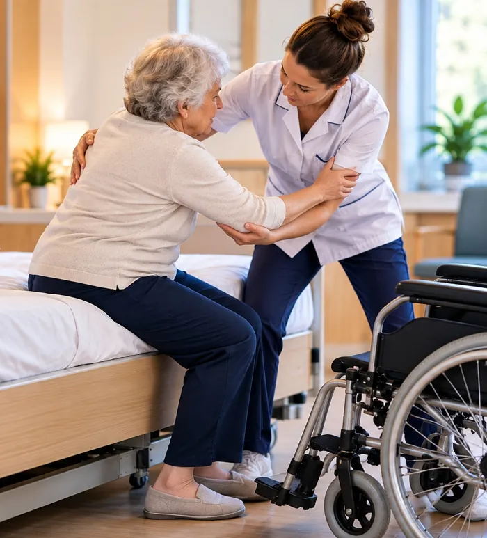 Aide-soignante accompagnant une résidente du lit vers le fauteuil roulant