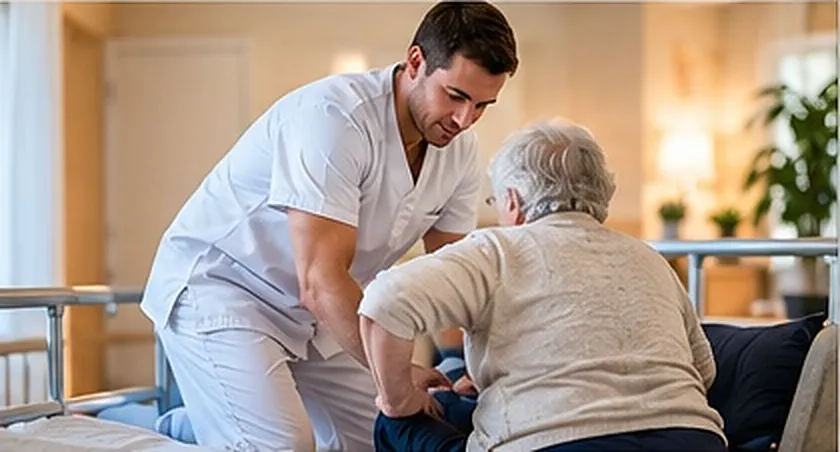 Soignant accompagnant le lever d’une personne âgée assise au bord du lit