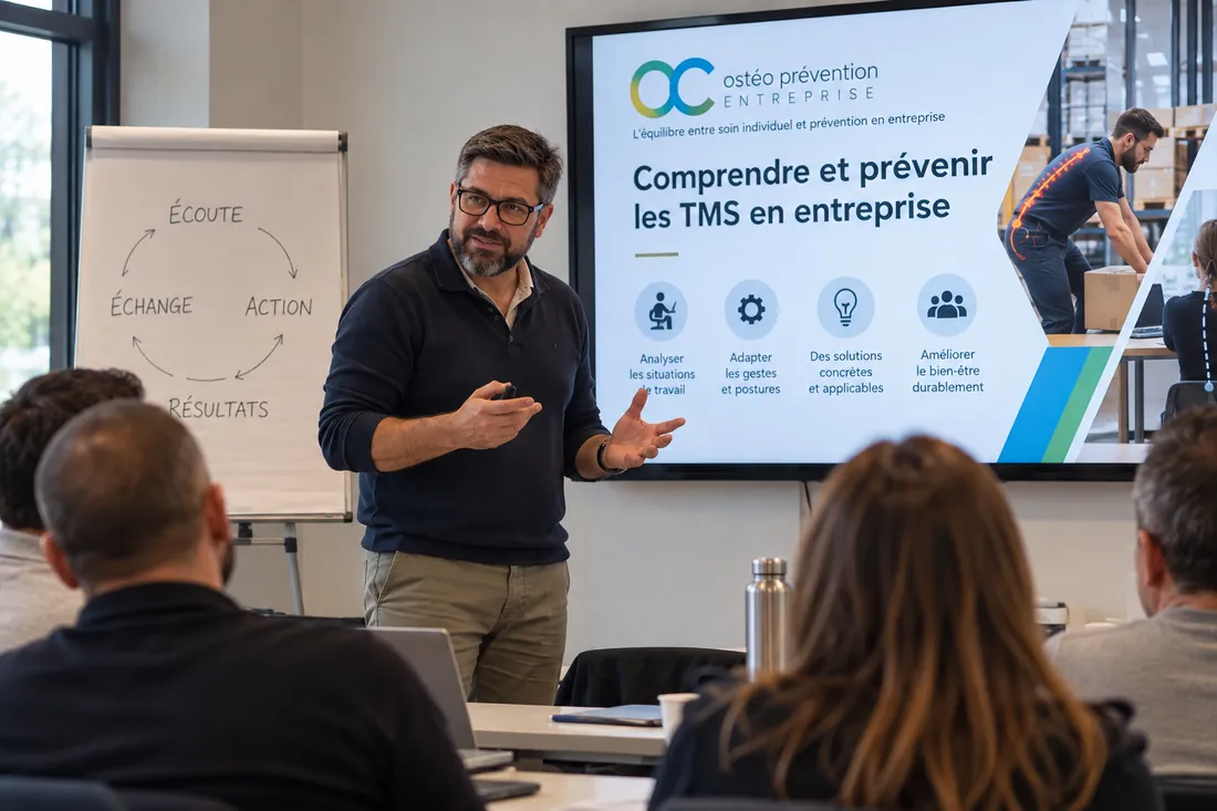 Formation en salle : le formateur présente « Comprendre et prévenir les TMS en entreprise »